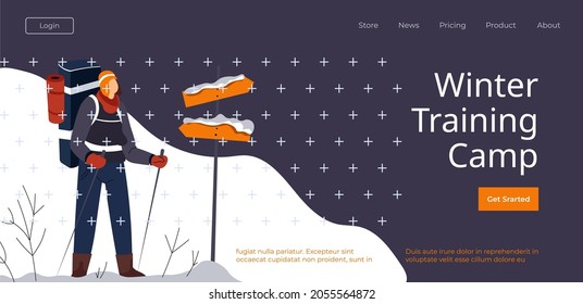 Outdoors activities and hobbies, winter training camp for people climbing and hiking in mountains. Man with equipment by road sign. Website or landing page, internet site template, vector in flat