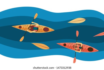Outdoors activities illustration. Kayaks among leaves in the river. Outdoor, rafting, kayaking tour, adventures advertisement. Man and woman traveling. Vector illustration
