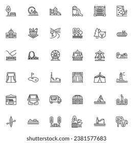 Outdoors activities line icons set. linear style symbols collection, outline signs pack. Recreation and entertainment vector graphics. Set includes icons as amusement park, playground, picnic, fishing