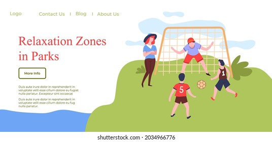 Outdoors activities in recreation zones in park. Children playing football with coach. Family weekends, school friends having fun. Website or webpage template, landing page flat style vector