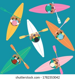Outdoors activities vector illustration. Yellow, white, green, pink kayak in the river. Rafting tour, adventures advertisement, canoeing and paddling. Men and women traveling. Extreme water sports. 