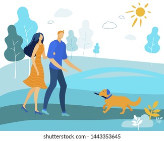 Outdoors Activity, Dating, Love. Young Loving Couple Walking with Dog in City Park. Characters Spend Time Playing with Pet Outdoor. Leisure, Summer Sparetime, Love. Cartoon Flat Vector Illustration