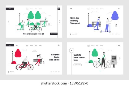 Outdoors Activity, Ecology Transport Website Landing Page Set. Dweller Summer Lifestyle in Megapolis. Healthy Lifestyle, Ecology Protection Web Page Banner. Cartoon Flat Vector Illustration, Line Art