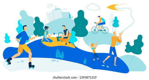 Outdoors Activity at Summer Time. Men, Women and Kids Spending Time on Open Air Exercising, Doing Sport, Going on Picnic, Playing with Children in City Park, Leisure. Cartoon Flat Vector Illustration