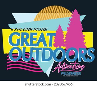 Outdoors adventure geometric colorful t shirt design. Wild tree  print artwork for  patch, sticker, batch, apparel, logo, embroidery, wallpaper etc. 