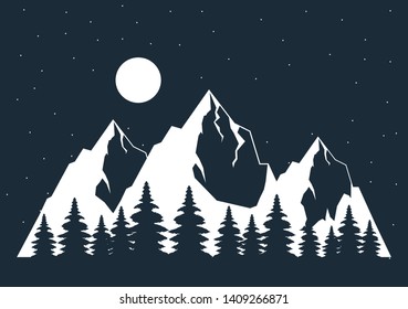 Outdoors adventure moon in starry background with mountains and trees black ink vector illustration graphic design vector illustration graphic design