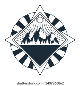 Outdoors adventure sun background with mountains and trees with frame black ink vector illustration graphic design vector illustration graphic design