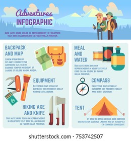 Outdoors adventure vector infographics with hiking and climbing equipment icons, traveling people and charts. Adventure infographic travel, backpack and camp, equipment compass illustration