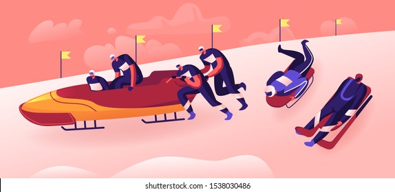 Outdoors Athletics Sports Activity Concept. Bobsleigh and Skeleton Winter Sport Competition Racing. Sportsmen Going Downhills by Sled and Bob, Dangerous Challenge. Cartoon Flat Vector Illustration