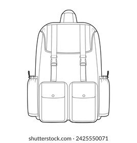 Outdoor Rucksack Silhouette Tasche. Fashion Accessoire Technische Illustration. Vector Schultasche Frontansicht für Männer, Frauen, Unisex-Stil, flache Handtasche CAD Mockup Skizze isoliert