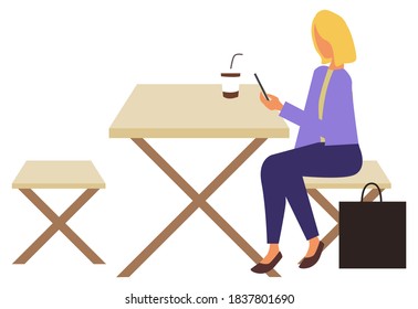 Outdoors cafe table and bench vector, woman drinking coffee from plastic cup. Isolated character looking at smartphone reading news and info in cell