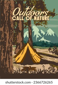 Outdoors Call of Nature poster retro, camping outdoor travel. Tourism hiking summer forest, vector illustration