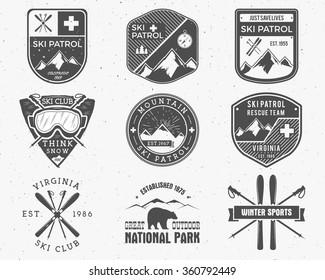 Outdoors camp stamp vector design. Tourism hipster patch and badges. Expedition emblem. Winter or summer Ski patrol graphic. Snowboarding, ski labels set. First aid mountain rescue logo for web, print