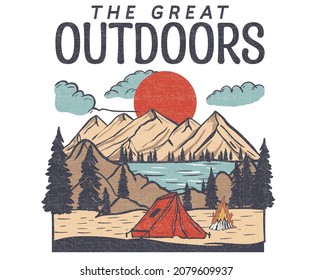 Outdoors camping t shirt vector design. Mountain and campfire beside of lake vintage artwork for apparel, sticker, batch, background, poster and others.