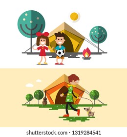 Outdoors Camping Vector Design with Tent, Children, Fire and Woman with Dog