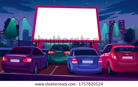 Outdoors car cinema with empty white screen vector illustration. Drive-in movie theater with open air parking flat style. Night city with glowing screen. Urban entertainment and film festival concept