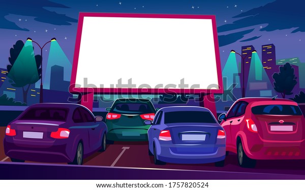 Outdoors car cinema with empty white screen\
vector illustration. Drive-in movie theater with open air parking\
flat style. Night city with glowing screen. Urban entertainment and\
film festival concept
