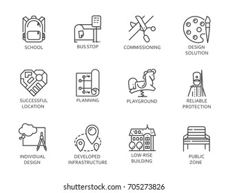 Outdoors Childrens Safe Infrastructure, Street And Private Housing Arrangement Concept Icons. Set Of 12 Pictograms In Linear Style For Infographic And Other Projects Isolated On White Background