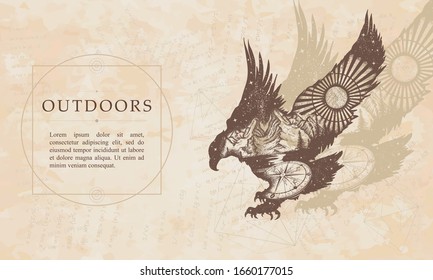 Outdoors. Eagle double exposure. Renaissance background. Medieval manuscript, engraving art. lying hawk, mountains and compass. Symbol of the wild nature 