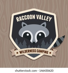 Outdoors emblem badge with raccoon character logo design