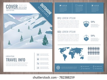 Outdoors flyer design with mountains landscape. Brochure headline for Sport and Recreation. Vector 