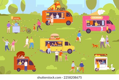 Outdoor-Festivalprogramm. Outdoor-Catering-Veranstaltung, Menschenmenge essen Menschen auf der Straße Mehl-LKW-Zelt Stall, Sommermesse-Laden, Familienmitglieder trinken im Stadtcafé, prächtige Vektorgrafik von Festessen Essen