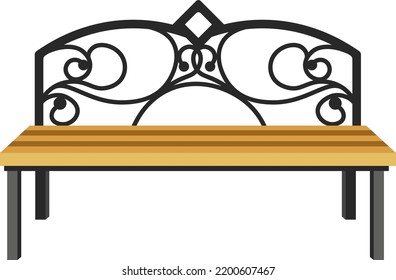 Outdoors furniture, isolated wooden bench with metal elements, ornaments and decorations. Park or public space seat for resting, pew or long construction to sit outside. Vector in flat style