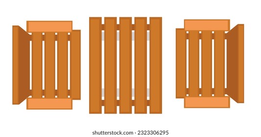 Outdoors furniture, isolated wooden table and chairs for dining and drinking coffee outside. Back yard or garden decoration and exterior design. Modern solution for home. Vector in flat style