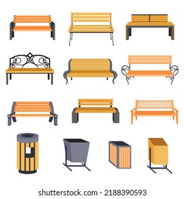 Outdoors furniture, park or garden realistic wooden benches and garbage bin for litter. Metal container for rubbish, simple design of seat for resting and relaxing on nature. Vector in flat style