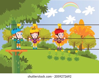 Outdoors game vector concept. Group of happy children wearing helmet and walking on the rope while playing together in the playground