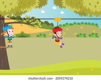 Outdoors game vector concept. Two cute kids sliding on zip line while playing together in the playground