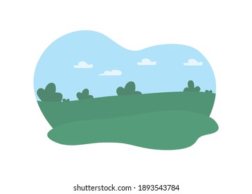 Outdoors greenery 2D vector web banner, poster. Daytime flat landscape on cartoon background. idyllic garden. Hills and green land. Spring lawn printable patch, colorful web element