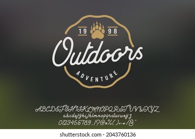 Outdoors. Hand made script typeface. Sans script. Forest outline. Nature flat landscape. Texture background.
