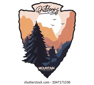 Outdoors hiking modern art vector design for apparel, sticker, poster, and others.  Mountain batch design.