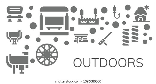 outdoors icon set. 11 filled outdoors icons.  Collection Of - Bench, Bus stop, Saddle, Smore, Baton, Lake, Spoke wheel, Fishing rod, Marshmallow, Cabin