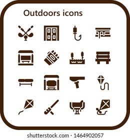 outdoors icon set. 16 filled outdoors icons.  Simple modern icons about  - Golf, Double door, Fishing rod, Smore, Bus stop, Karate, Lake, Bench, Saddle, Kite, Baton