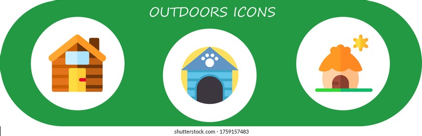 outdoors icon set. 3 flat outdoors icons. Included cabin, dog house icons