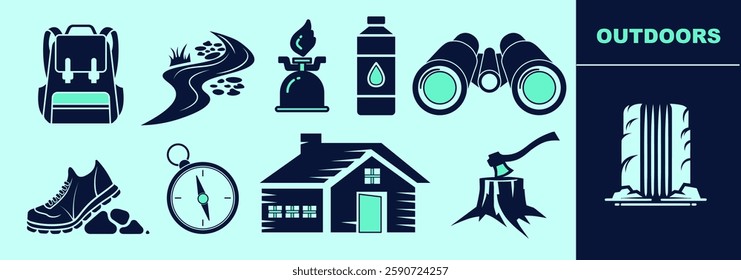 Outdoors icon set with backpack, gas stove, camping chair, water bottle, boot, cabin, compass, binoculars, axe