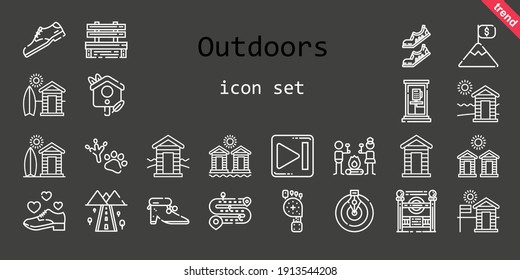 outdoors icon set. line icon style. outdoors related icons such as next, goal, bench, subway entrance, cabin, phone box, shoes, smore, footprint, road, bird house, cabins, shoe, foot