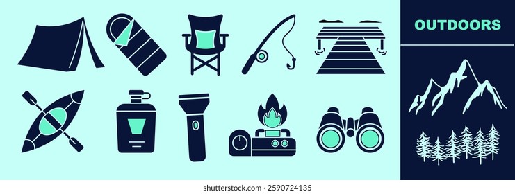 Outdoors icon set with tent, sleeping bag, camping chair, fishing rod, pier, flashlight, lake, kayak, water bottle, flashlight, camping stove, mountains.