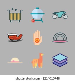 outdoors icon set. vector set about alpaca, motorcycle, palm and barbecue icons set.