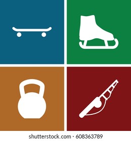 Outdoors icons set. set of 4 outdoors filled icons such as ice skate, fishing rod, kettle bell