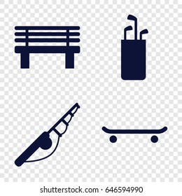 Outdoors icons set. set of 4 outdoors filled icons such as bench, fishing rod, golf putter