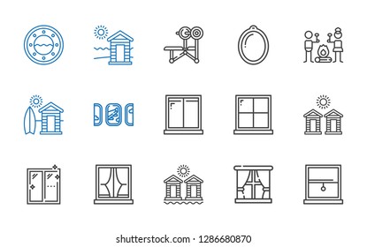outdoors icons set. Collection of outdoors with window, cabins, windows, cabin, smore, bench. Editable and scalable outdoors icons.