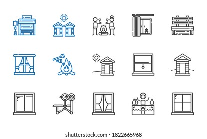 outdoors icons set. Collection of outdoors with window, lake, bench, cabin, marshmallow, smore, cabins, bus stop. Editable and scalable outdoors icons.