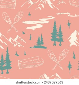 Outdoors Kayaking Landscape Vector Seamless Pattern