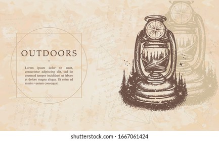 Outdoors. Kerosene lamp and rays of light. Renaissance background. Medieval manuscript, engraving art 