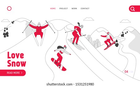 Outdoors Leisure and Sports Website Landing Page. People in Going Downhill by Skis and Skateboards at Winter Time Resort. Wintertime Activity Web Page Banner. Flat Vector Illustration, Line Art