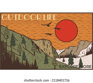 Outdoors life graphic print design for t shirt , sticker, posters and others. Mountain lake artwork design.