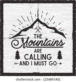 Outdoors Logo Emblem. Vintage hand drawn travel badge. Featuring Mountains are Calling quote. Adventure club patch. Line art. Stock vector hike, wanderlust insignia, card.